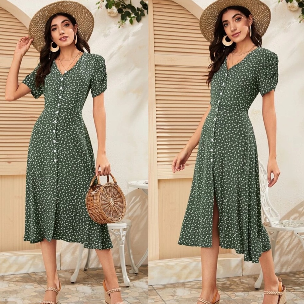 Boho polka dots  button through slit dress - Picture 3 of 4